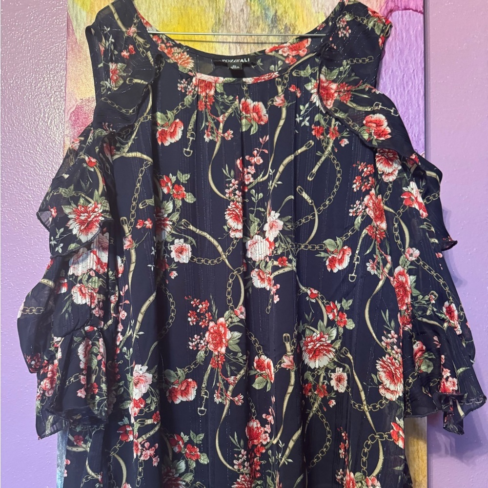 Roz & Ali Floral Blouse - Navy and Red